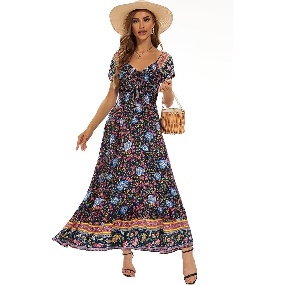Babydoll Bohemian Western Maxi Dress M Floral Flounce Smocked Ruched Blue NWT - Picture 2 of 13